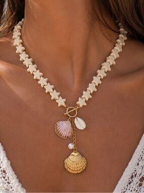 Coastal Starfish Bead Necklace | Shell charms&Pearl accents |